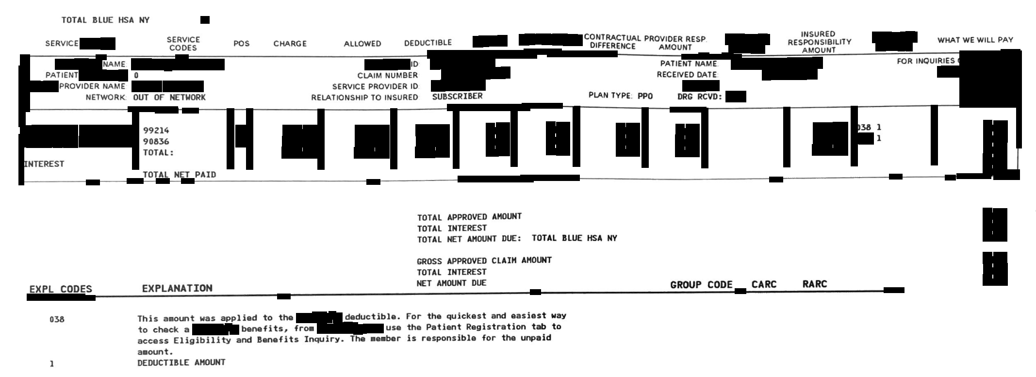 Redacted Anthem out-of-network remittance for a medication visit with a psychotherapy add-on, where the plan applied the full allowed amount to the member's deductible and paid nothing yet.