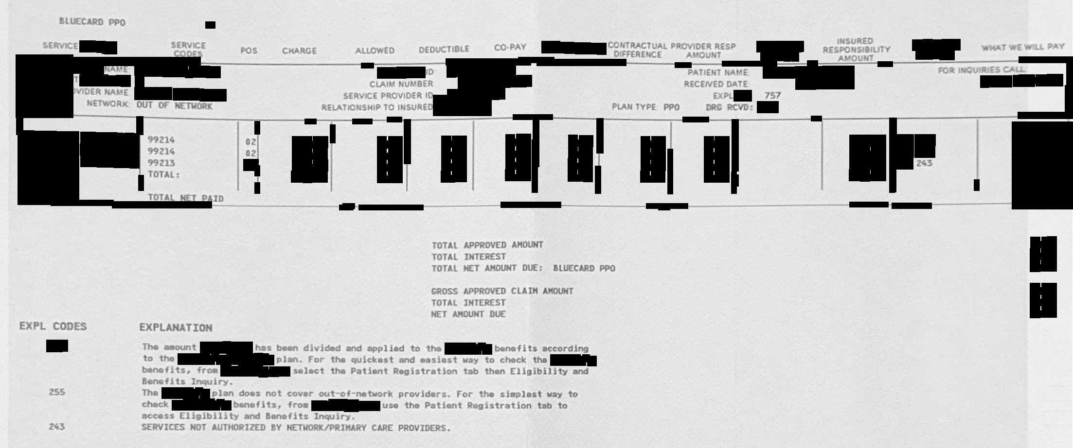 Redacted Anthem BlueCard remittance where medication visits were denied because the member's plan does not cover care outside its network.