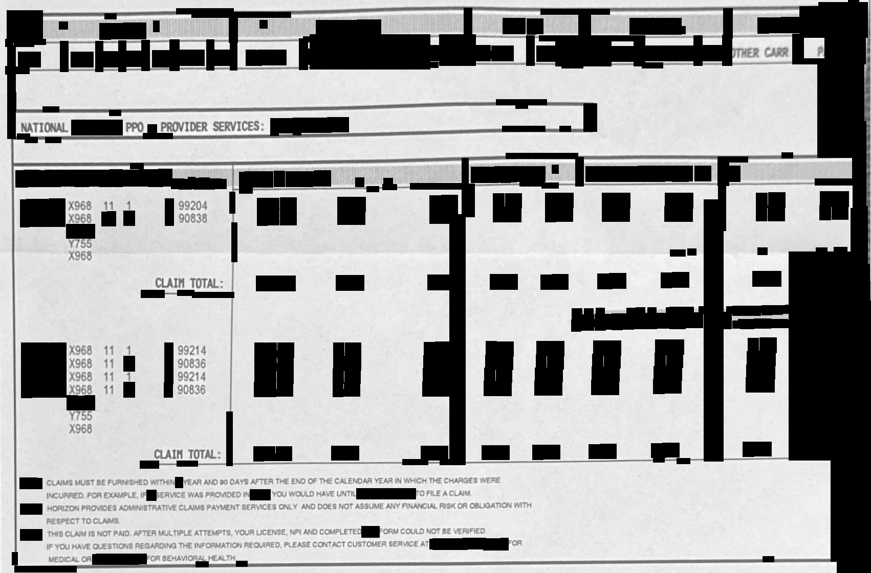 Redacted Horizon remittance listing a new-patient visit and follow-up visits, all marked with the same administrative denial code.