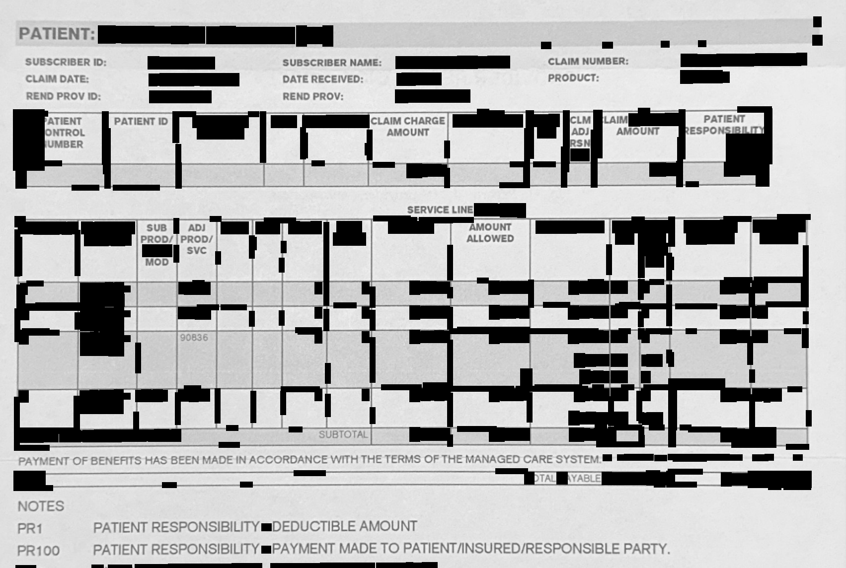Redacted UnitedHealthcare out-of-network remittance showing several visit lines, with the earliest lines applied to the deductible and later lines paid to the member.
