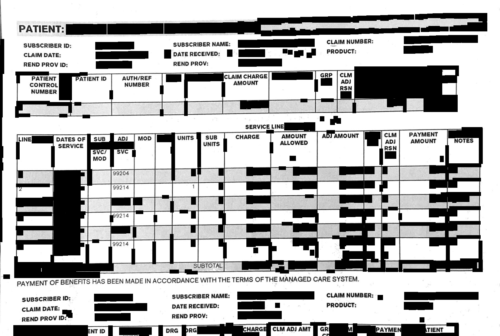 Redacted UnitedHealthcare remittance for the corrected resubmission of the denied telehealth visits, now processed line by line.