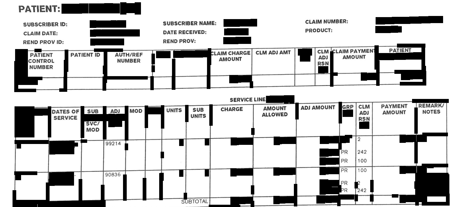 Redacted UnitedHealthcare remittance for a medication visit and psychotherapy add-on, showing the member's coinsurance, payment to the member, and the out-of-network adjustment codes.