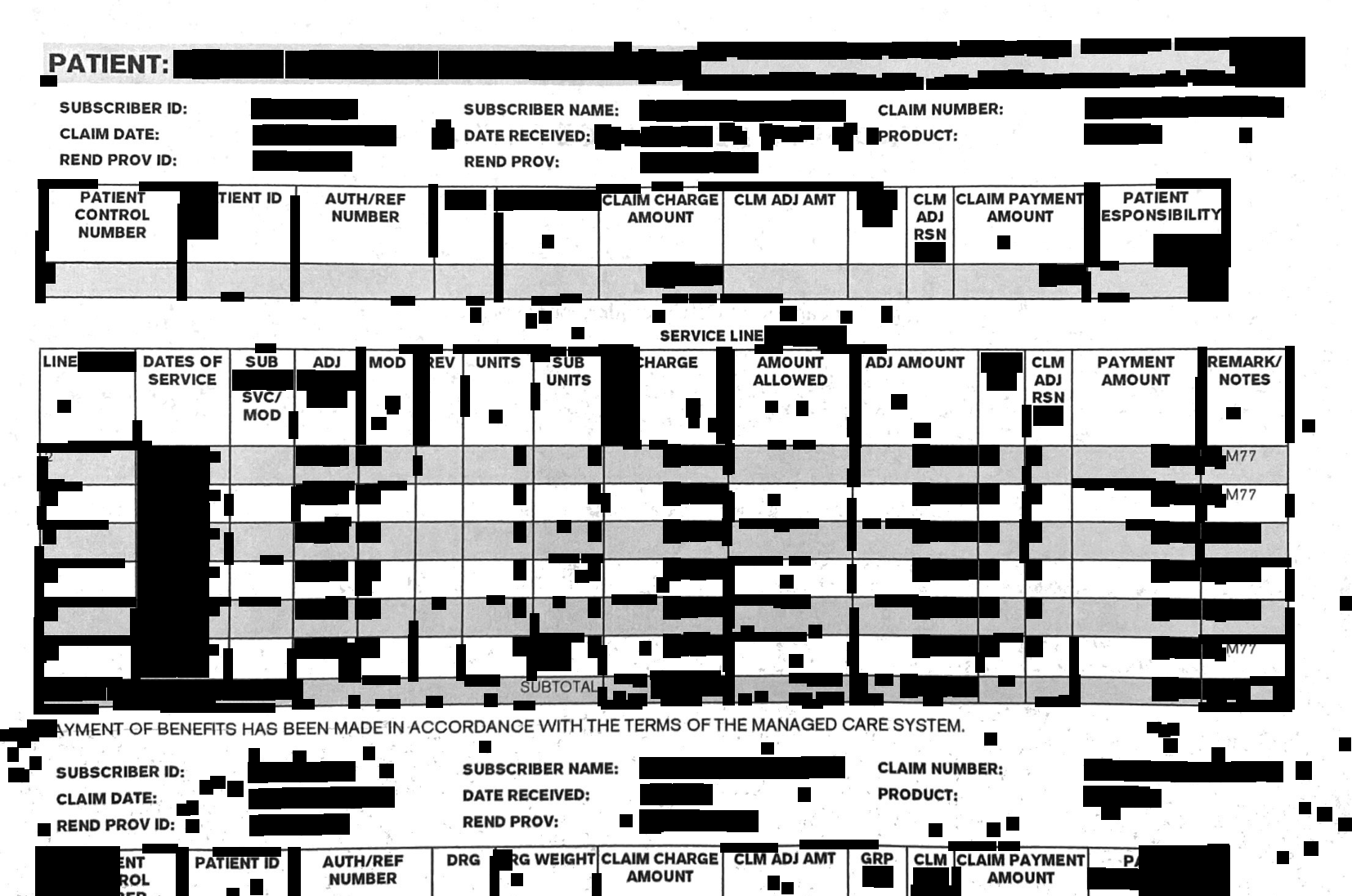 Redacted UnitedHealthcare remittance showing a run of visit lines that were denied with a place-of-service remark.